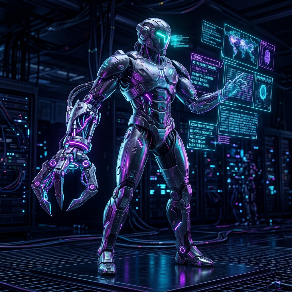 Bugtrack — futurystyczny agent cyberbezpieczeństwa stojący w serwerowni, otoczony holograficznymi panelami statusu zagrożeń