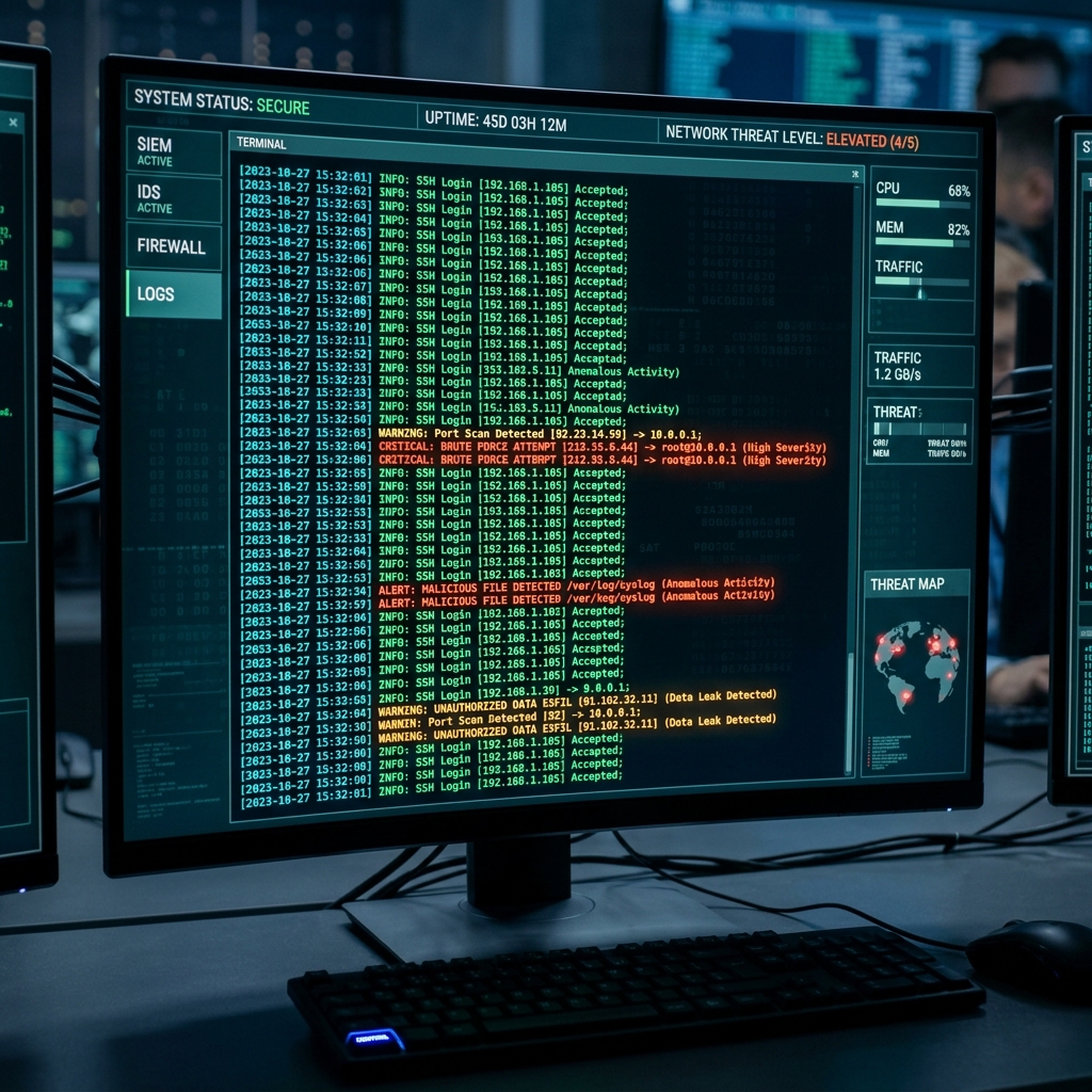 Centrum monitoringu logów systemowych prezentujące zdarzenia bezpieczeństwa na wielu ekranach